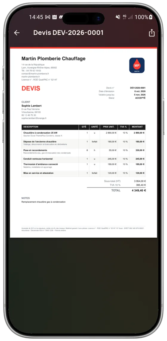 Le PDF que reçoit le client — Pro Speak Artisan