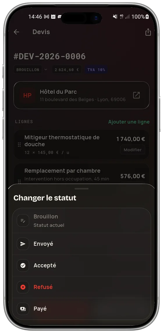 Brouillon, envoyé, accepté, refusé, payé — Pro Speak Artisan